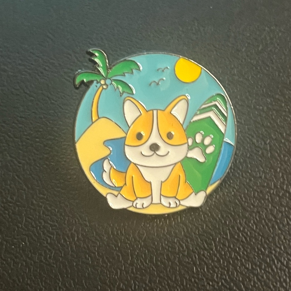 Corgi and a Surf Board on the beach Enamel Pin